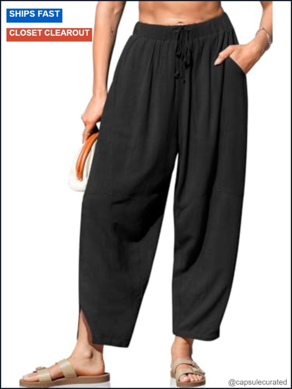 Linen Harem Pants with Pockets | Loose Fit Wide Leg Elastic Waist Cropped